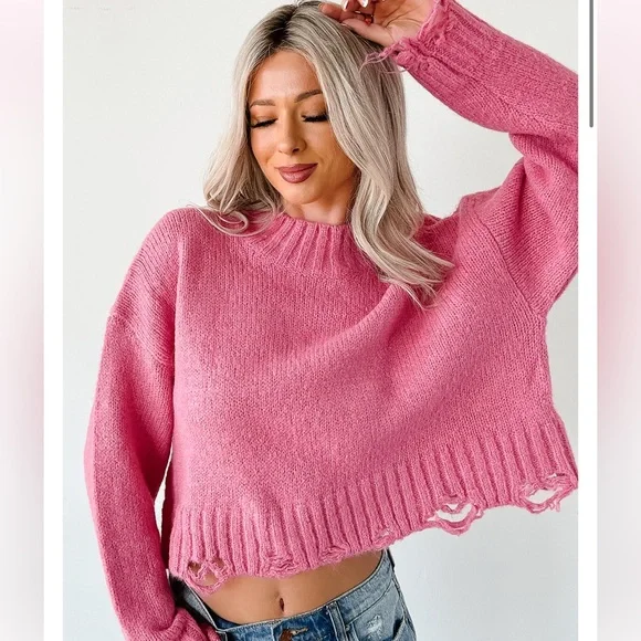 NWT NanaMacs Signature 8 Distressed Crop Pink Sweater Size Small - Picture 1 of 13